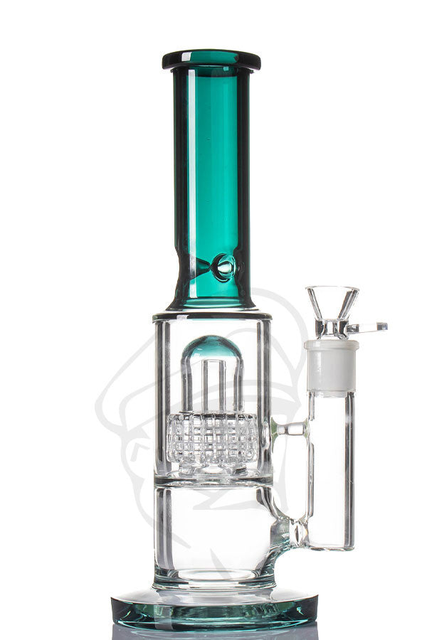 Glass Bong with Matrix Perc Teal - Side detail view.