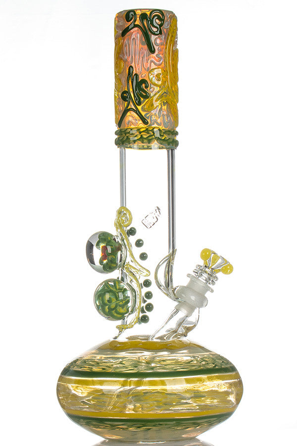 HVY Worked Bubble Beaker Green and Yellow - side view