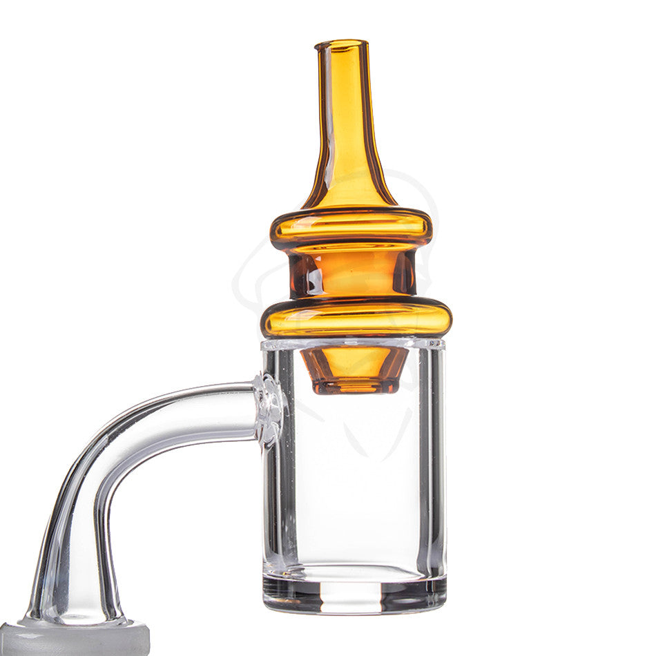 Ridgeline Carb Cap Amber - Example of use with flat top banger, quartz banger not included.
