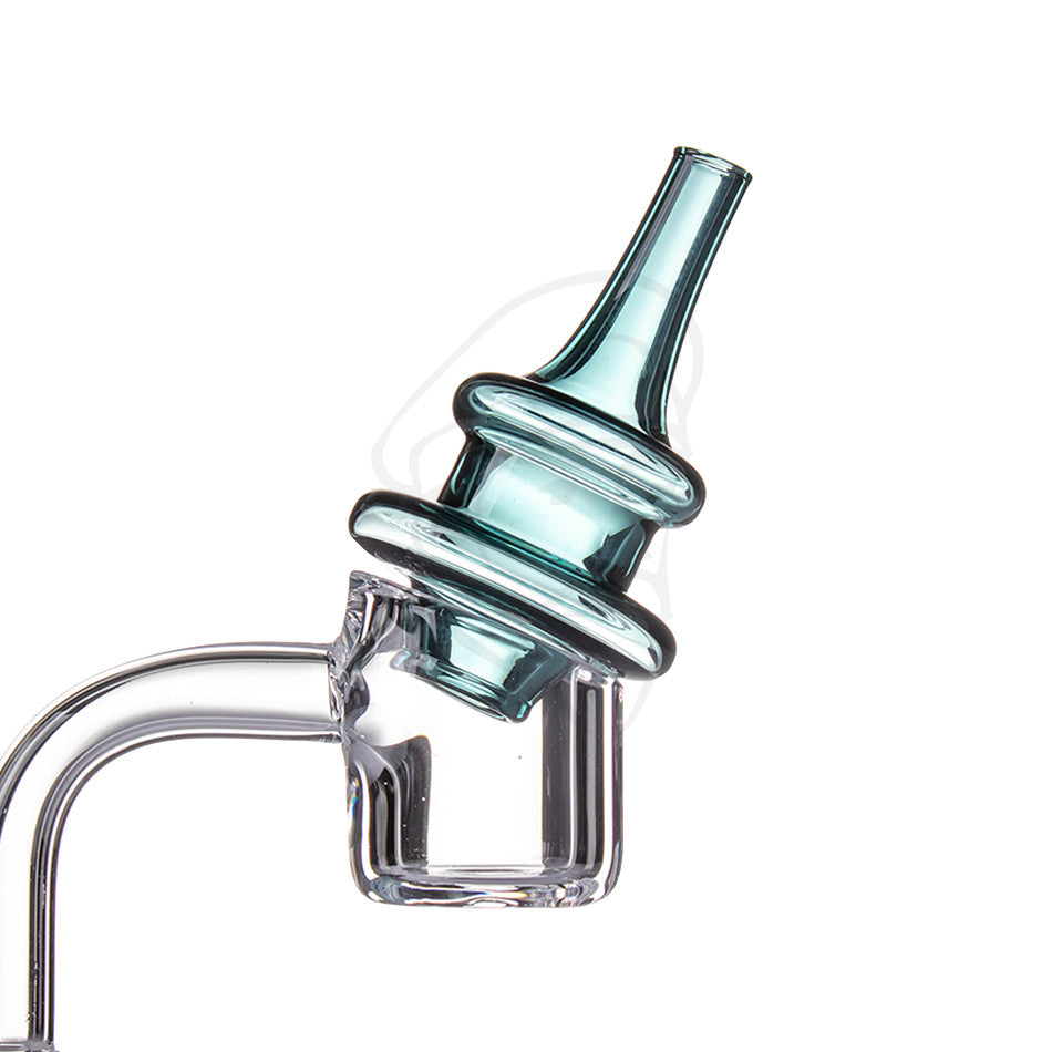 Ridgeline Carb Cap Teal - Example of use with standard 4mm banger, quartz banger not included.