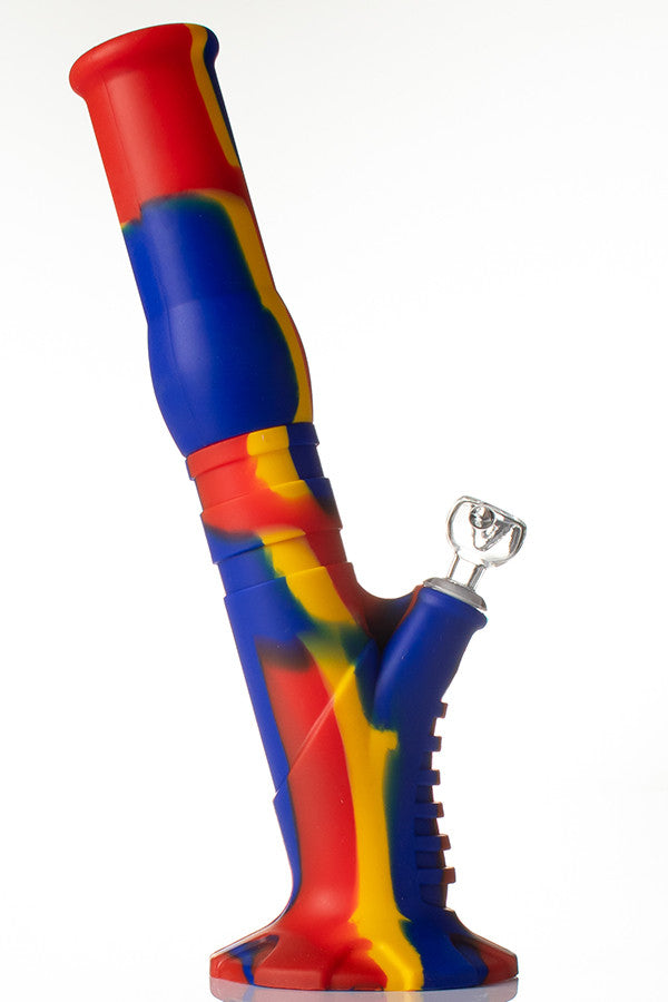 Silicone Gripper Bong Blue/Yellow/Red - Side view.
